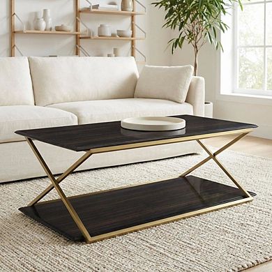Dark Brown Veneer Coffee Table with Brushed Gold Metal Legs and Sturdy Design