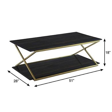 Dark Brown Veneer Coffee Table with Brushed Gold Metal Legs and Sturdy Design