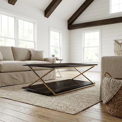 Dark Brown Veneer Coffee Table with Brushed Gold Metal Legs and Sturdy Design