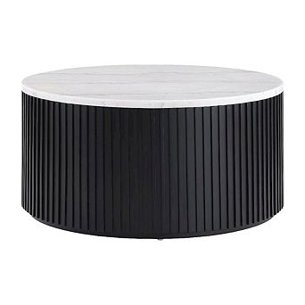 Round Black Coffee Table with White Marble Top and Casters MDF Iron Base
