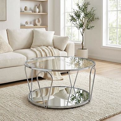 Gray Metal 1-Shelf Coffee Table with Tempered Glass and Mirror Accents