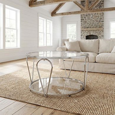 Gray Metal 1-Shelf Coffee Table with Tempered Glass and Mirror Accents