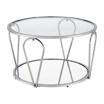 Gray Metal 1-Shelf Coffee Table with Tempered Glass and Mirror Accents
