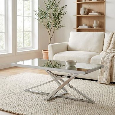 Silver Metal Coffee Table with Mirror Top and Sturdy Steel Frame for Living Room