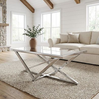 Silver Metal Coffee Table with Mirror Top and Sturdy Steel Frame for Living Room
