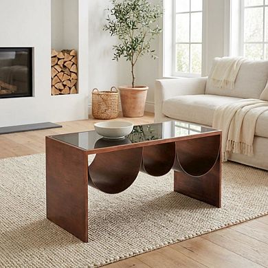 Brown Coffee Table with Tempered Glass and Steel Frame 3 Shelves Modern Design