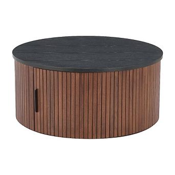 Black Round Coffee Table with MDF Top, Rubberwood Frame Featuring Storage Shelf