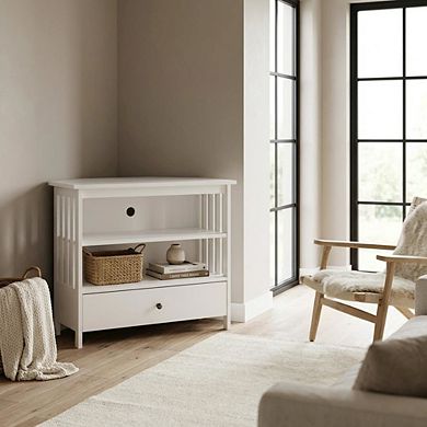 White Hardwood Corner TV Stand with Modern Design and Ample Storage