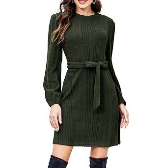 Women's Long Sleeve Round Neck Knit Sweater Bodycon Dress Midi Dress with Belt