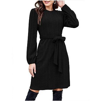 Women's Long Sleeve Round Neck Knit Sweater Bodycon Dress Midi Dress with Belt