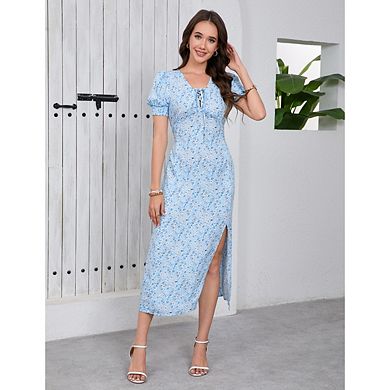 Women's Floral Dress Short Sleeve Adjustable drawstring V Neck Midi Dress With Slit
