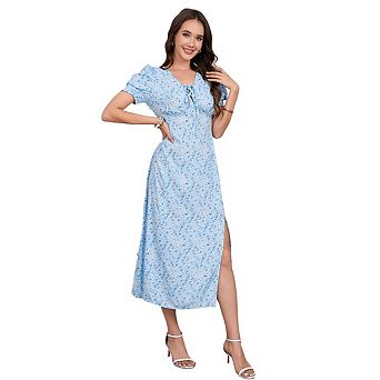 Women's Floral Dress Short Sleeve Adjustable drawstring V Neck Midi Dress With Slit