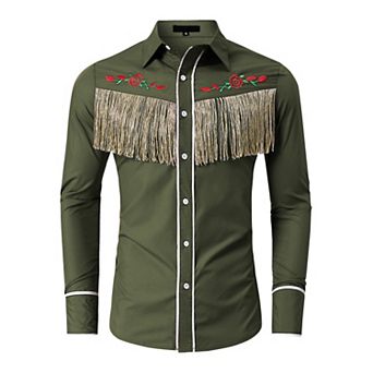 Men's Western Cowboy Fringe Shirt Long Sleeve Rose Embroidered Slim Fit Button Down Shirt