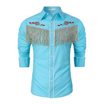 Men's Western Cowboy Fringe Shirt Long Sleeve Rose Embroidered Slim Fit Button Down Shirt