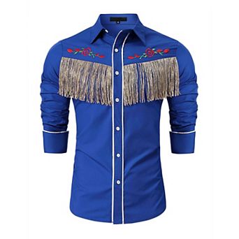 Men's Western Cowboy Fringe Shirt Long Sleeve Rose Embroidered Slim Fit Button Down Shirt