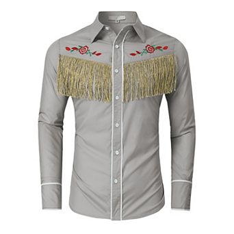 Men's Western Cowboy Fringe Shirt Long Sleeve Rose Embroidered Slim Fit Button Down Shirt