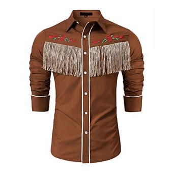 Men's Western Cowboy Fringe Shirt Long Sleeve Rose Embroidered Slim Fit Button Down Shirt