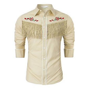 Men's Western Cowboy Fringe Shirt Long Sleeve Rose Embroidered Slim Fit Button Down Shirt