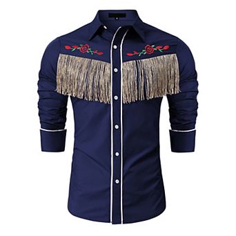 Men's Western Cowboy Fringe Shirt Long Sleeve Rose Embroidered Slim Fit Button Down Shirt