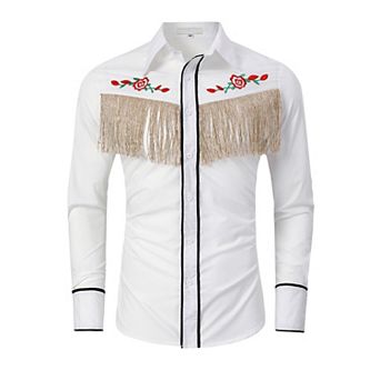 Men's Western Cowboy Fringe Shirt Long Sleeve Rose Embroidered Slim Fit Button Down Shirt