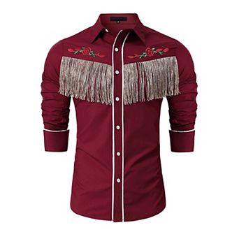 Men's Western Cowboy Fringe Shirt Long Sleeve Rose Embroidered Slim Fit Button Down Shirt