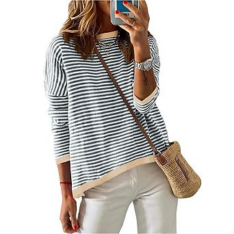 Women's Casual Long Sleeve Sweaters Fashion Crewneck Striped Color Block Shirts