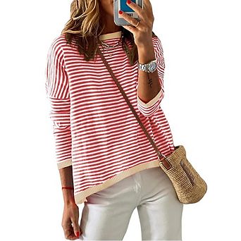 Women's Casual Long Sleeve Sweaters Fashion Crewneck Striped Color Block Shirts