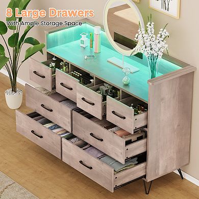 Wood Dresser with Power Outlet and LED Lights