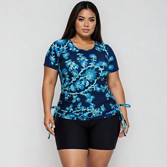 Women's Plus Size Short Sleeve Adele Swim Top and Black Mid-Thigh Swim Shorts Set
