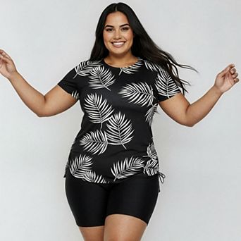 Women's Plus Size Short Sleeve Adele Swim Top and Black Mid-Thigh Swim Shorts Set