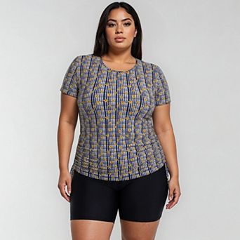 Women's Plus Size Short Sleeve Adele Swim Top and Black Mid-Thigh Swim Shorts Set