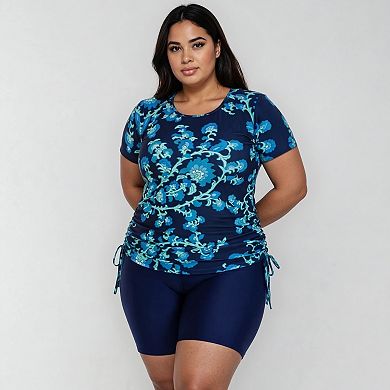 Women's Plus Size Short Sleeve Adele Swim Top and Navy Mid-Thigh Swim Shorts Set