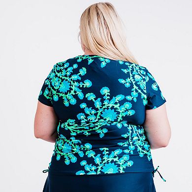 Women's Plus Size Short Sleeve Adele Swim Top and Navy Mid-Thigh Swim Shorts Set