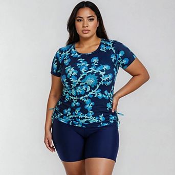 Women's Plus Size Short Sleeve Adele Swim Top and Navy Mid-Thigh Swim Shorts Set