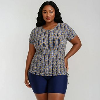 Women's Plus Size Short Sleeve Adele Swim Top and Navy Mid-Thigh Swim Shorts Set