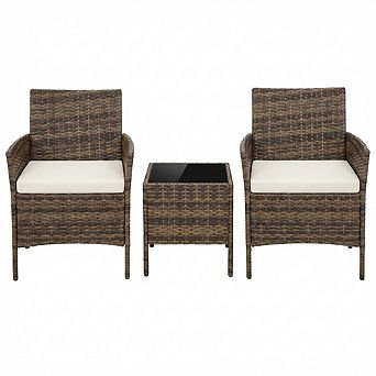 3 pc Rattan Conversation Set, Wicker Outdoor Patio Furniture Set w/Tempered Glass Table