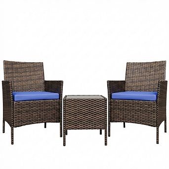 3 pc Rattan Conversation Set, Wicker Outdoor Patio Furniture Set w/Tempered Glass Table