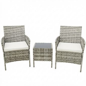 3 pc Rattan Conversation Set, Wicker Outdoor Patio Furniture Set w/Tempered Glass Table