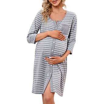 Maternity Nightgown Women's 3/4 Sleeve Striped Nursing Sleepshirt Full Button Breastfeeding Dress