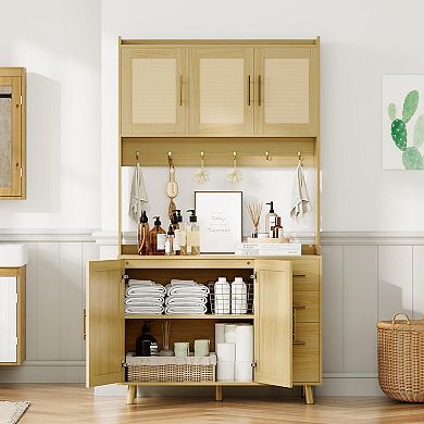 71" Tall Rattan Door Kitchen Pantry Cabinet
