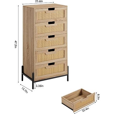 Rattan Openwork Grip Chest of 5 Drawers for Bedroom