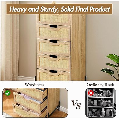 Rattan Openwork Grip Chest of 5 Drawers for Bedroom
