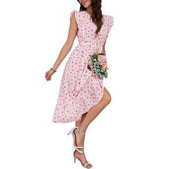 Women's Floral Dress Flying Sleeve Cross Neck Ruffle Midi Dress With Belt
