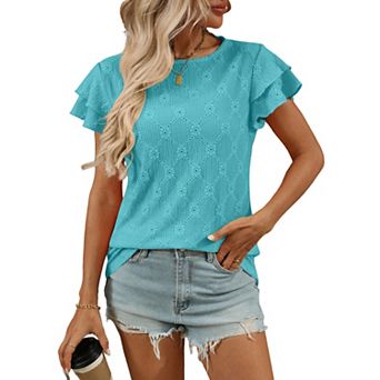 Women's Short Sleeve Shirts Blouses Dressy Casual Cap Sleeve Tops with Curved Hem