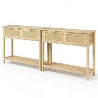 2 pc Farmhouse Rattan Entryway Console Table