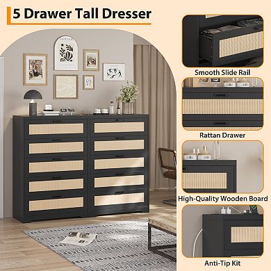 Tall Rattan Dresser with 5 Drawers