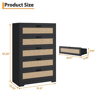 Tall Rattan Dresser with 5 Drawers