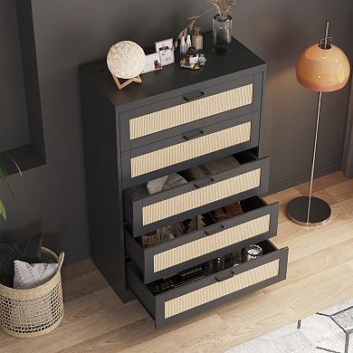 Tall Rattan Dresser with 5 Drawers