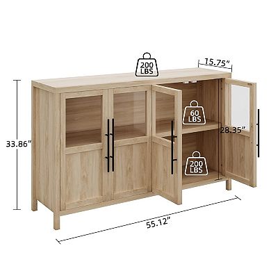 55" Large Buffet Cabinet with 4 Glass Doors