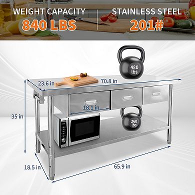 60" X 24 Stainless Steel Table with 3 Drawers